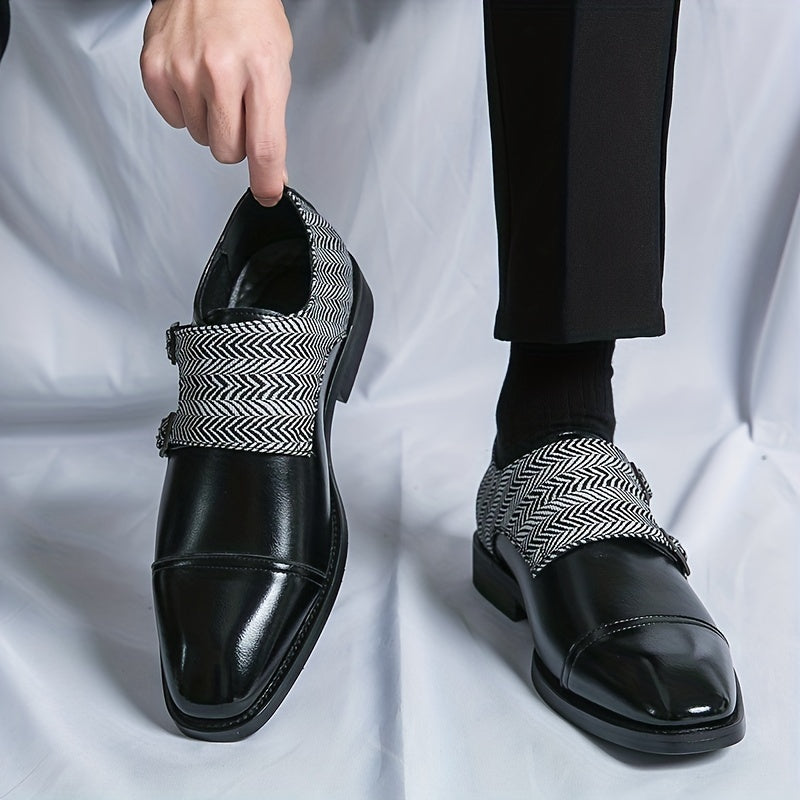 Men's Double Monk Strap Slip On Loafers Herringbone Pattern Loafers