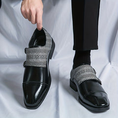 Men's Double Monk Strap Slip On Loafers Herringbone Pattern Loafers