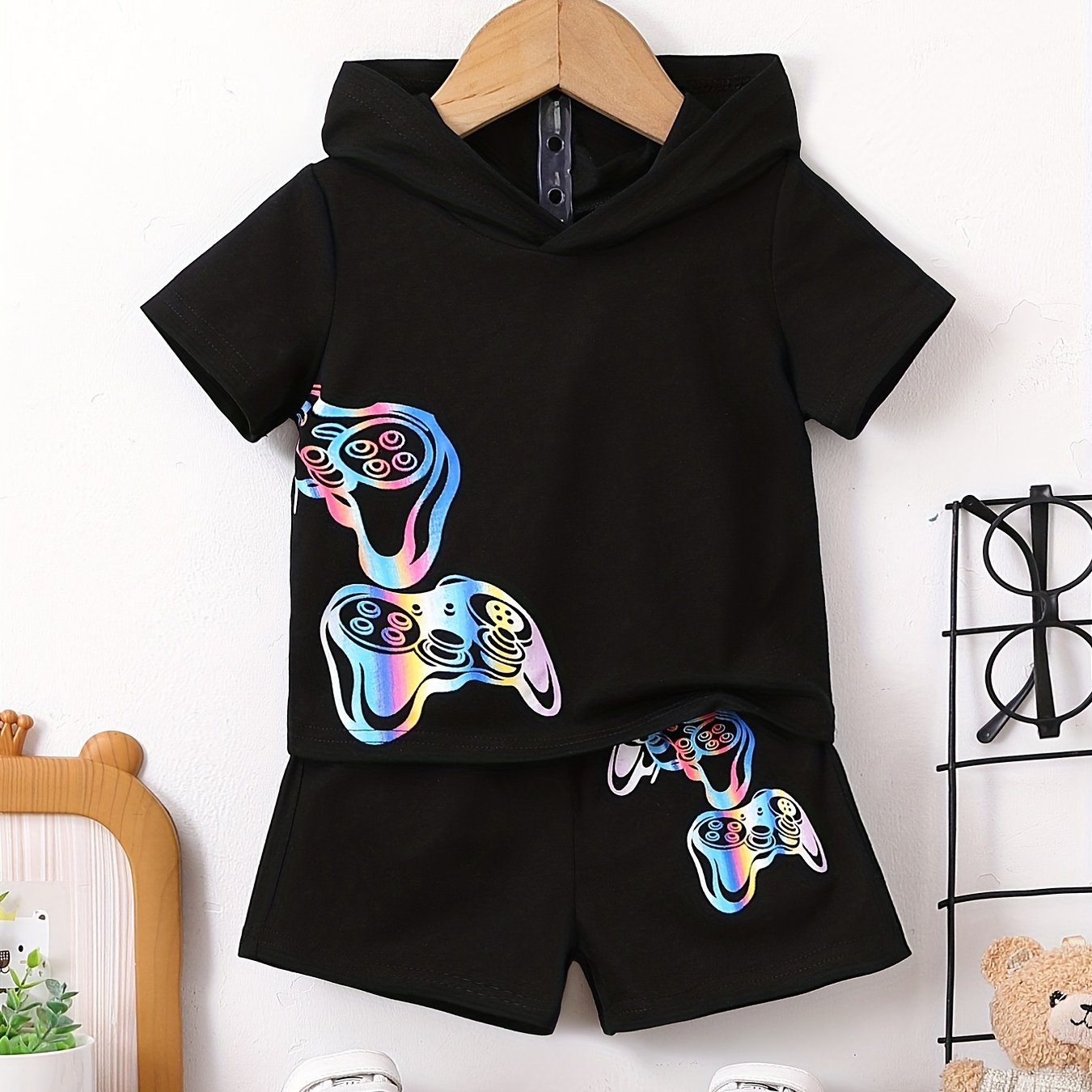 Baby Boys Gamepad Graphic Outfit Hooded T shirt & Shorts Set