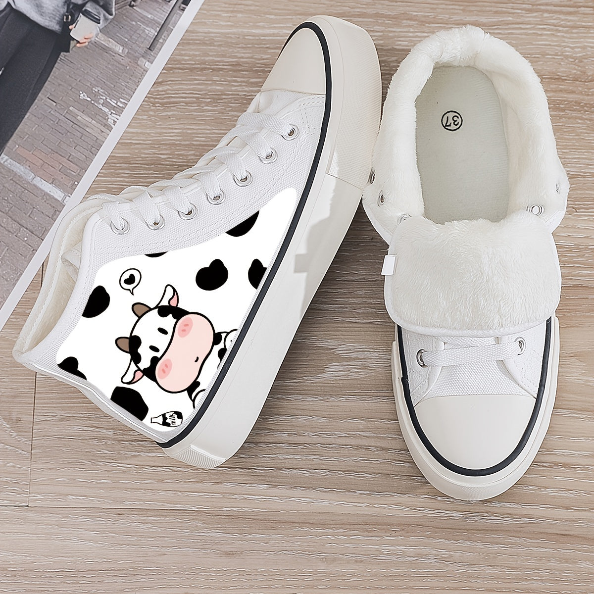 Cow Print Plush Lined Chunky Canvas Sneakers Warm Winter Shoes