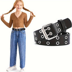 Girls Double Row Grommet Belts Kids PU Leather Belt
