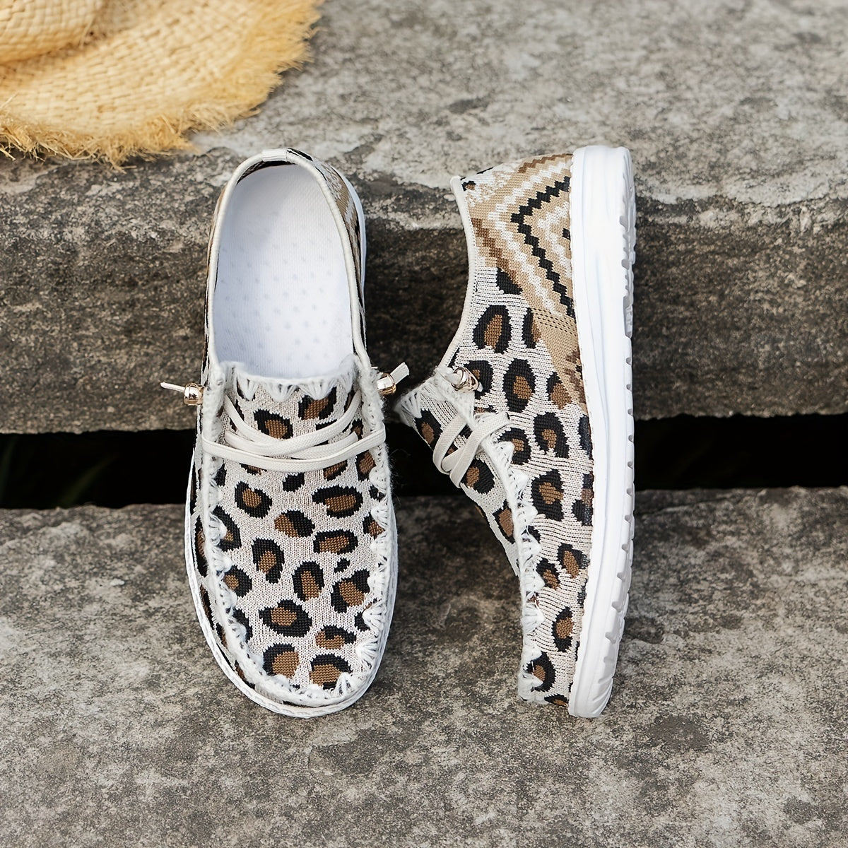 Leopard Print Lace Up Flat Boat Shoes for Women