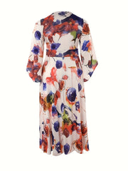 Random Print Nipped Waist Bell Sleeve Maxi Dress