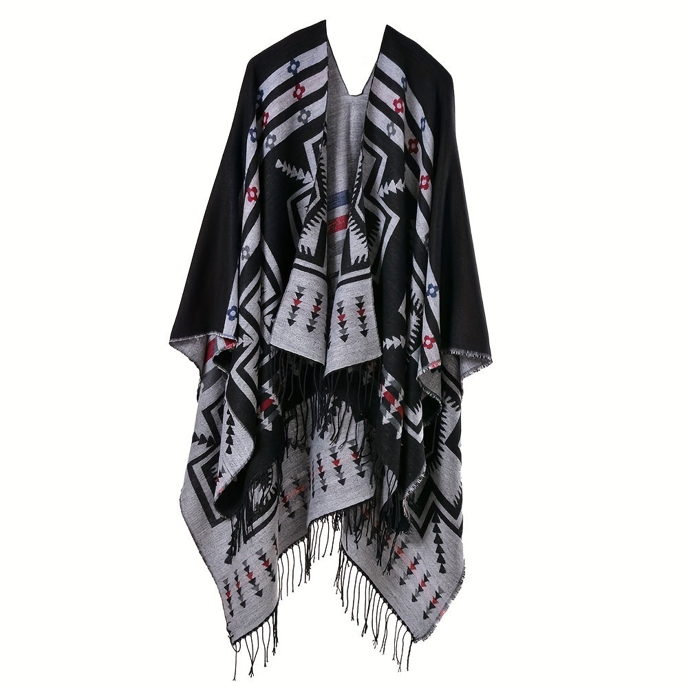 Geometric Print Cashmere Shawl with Tassels