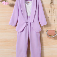 Girls 3pcs Blazer & Camisole & Pants Set Solid Long Sleeve Coat Top Kids Clothes
