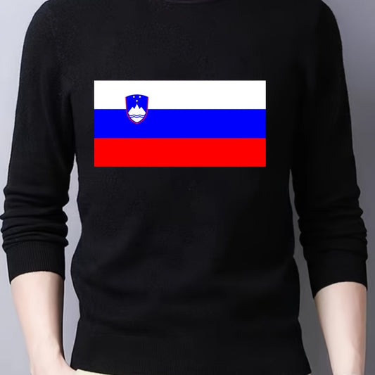 Slovenian Flag Print Men's Knitted Sweater Slim Fit Crew Neck Tops