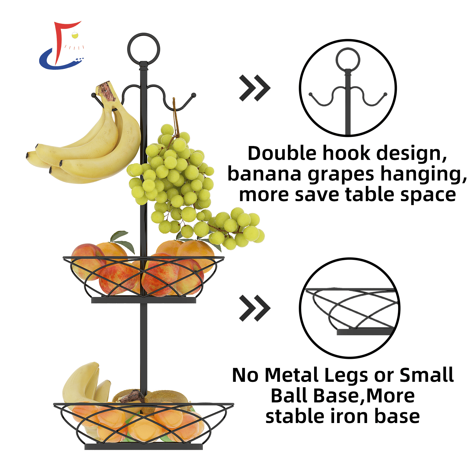 Double Layer Iron Hanging Ring Fruit Basket with Banana Hook