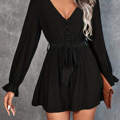 Solid V Neck Belted Romper Jumpsuit