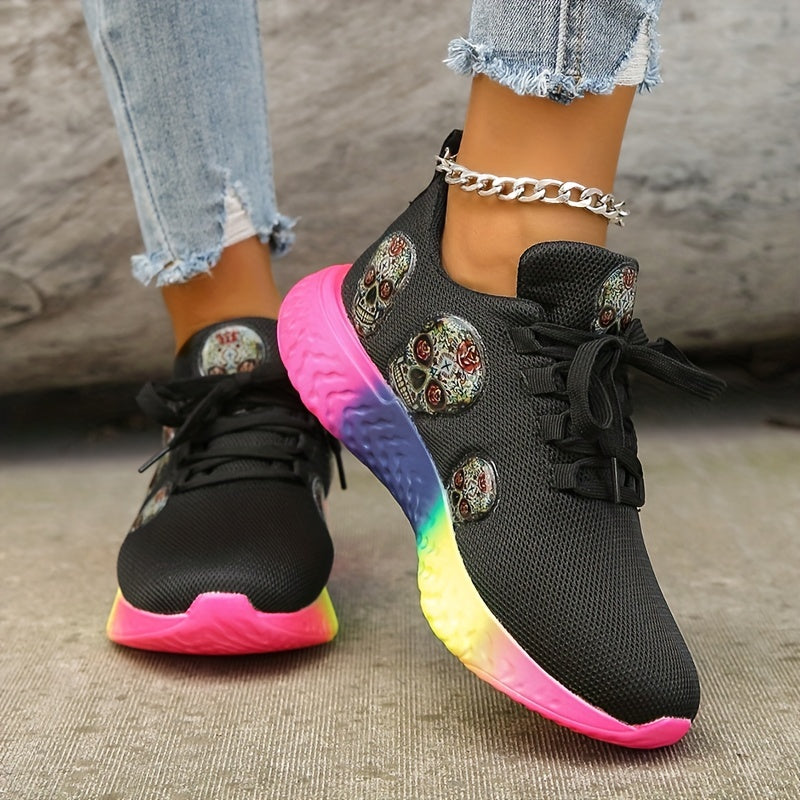 Skull Pattern Mesh Sneakers Lace Up Sports Shoes