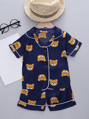 Girls Bear Pattern Pajama Set Short Sleeve Top & Shorts Kids Summer Clothes