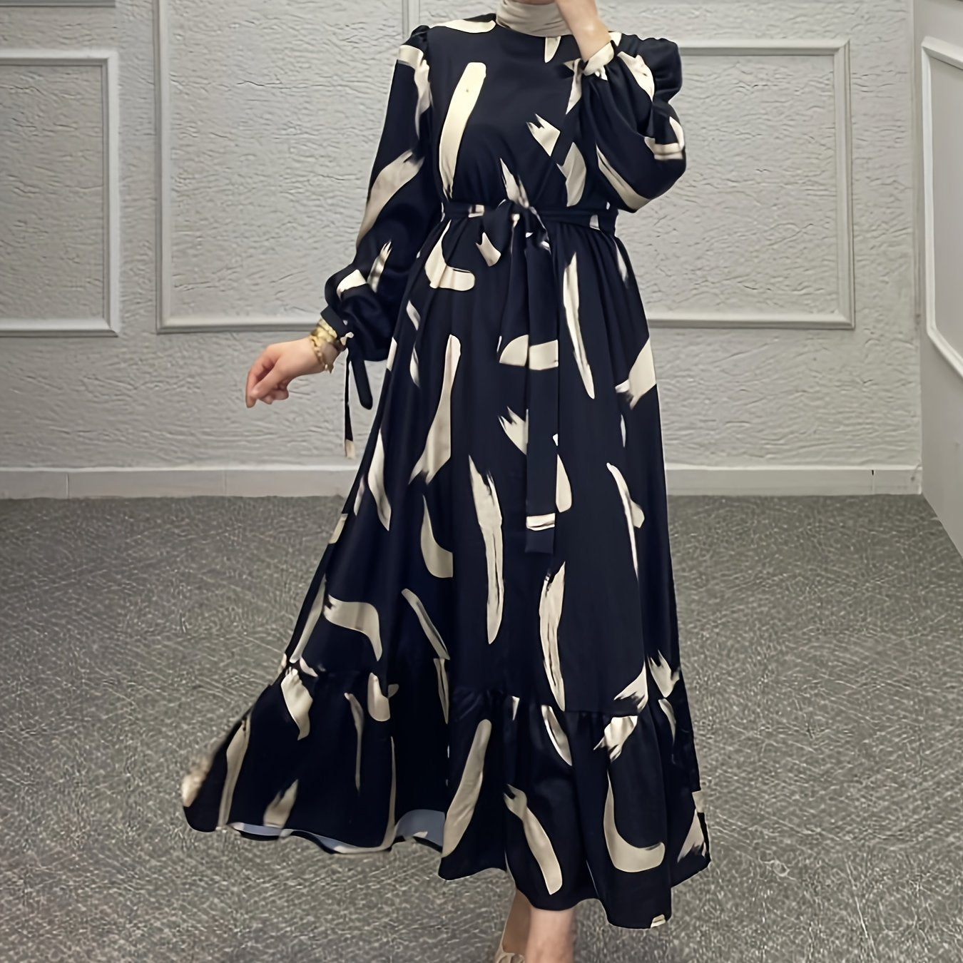 Kaftan Dress Women's Plus Brush Print Lantern Sleeve Ruffle Trim Maxi