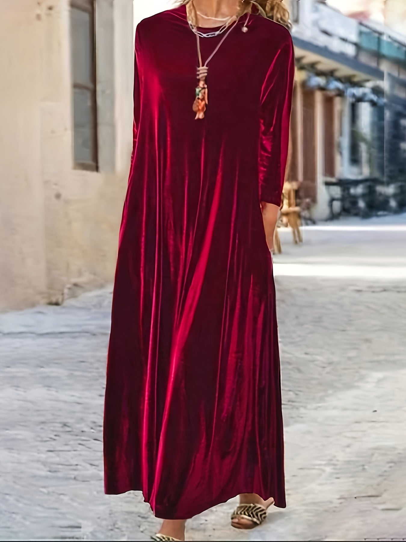 Solid Velvet Long Sleeve Maxi Dress