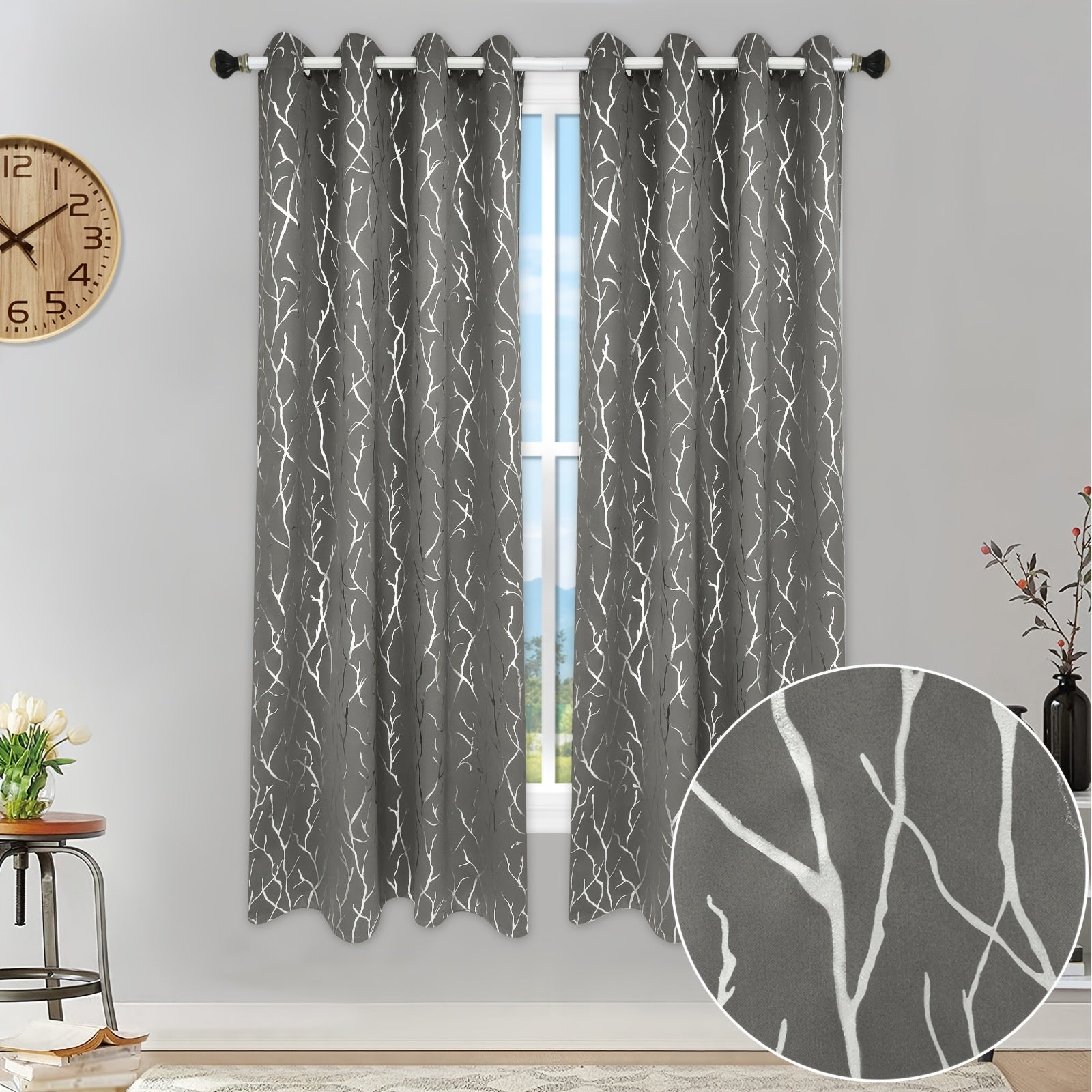 Grey Silvery Branch Blackout Curtain