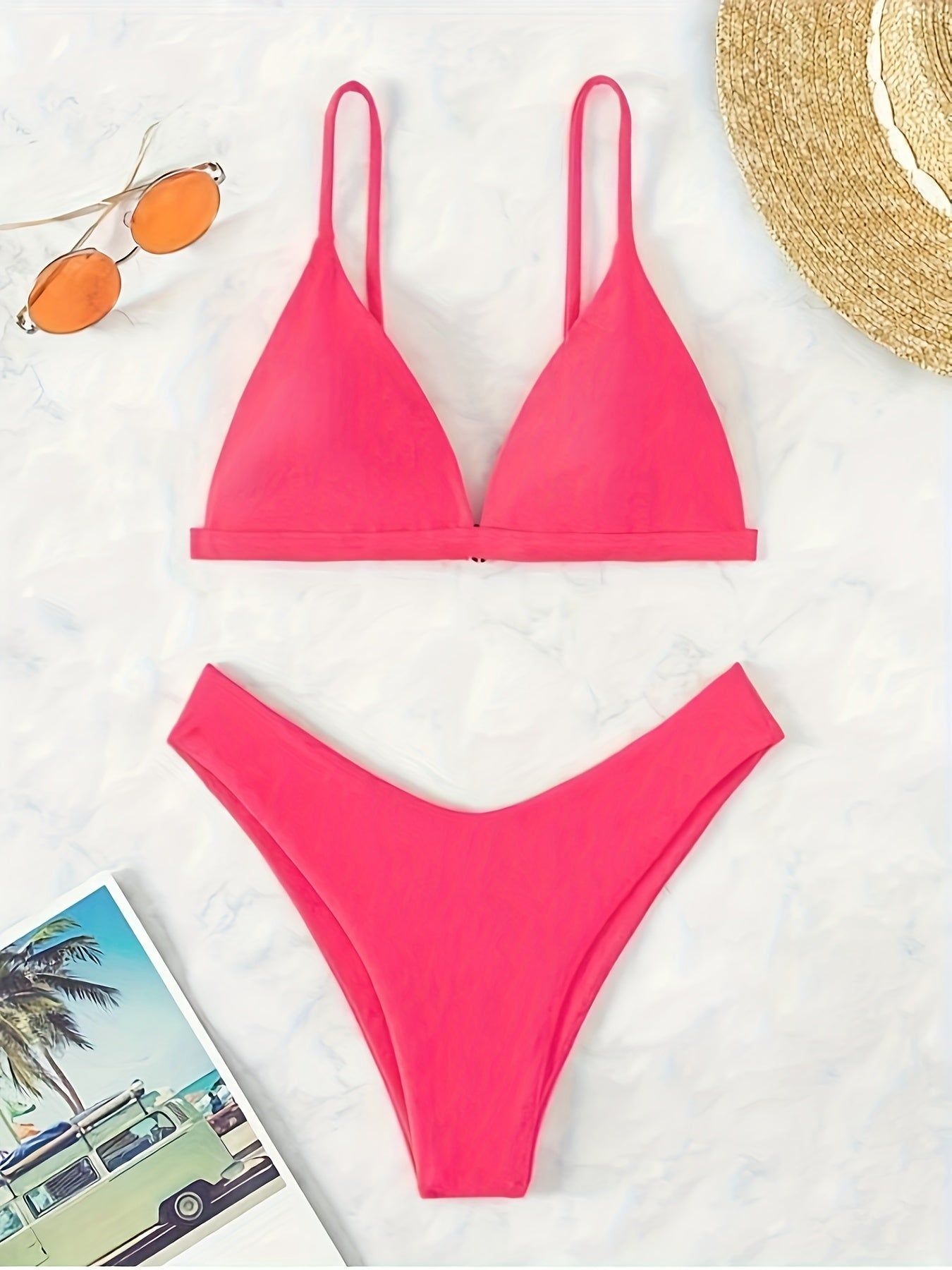 Solid Triangle Spaghetti Straps 2 Piece Set Bikini Swimsuit