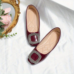 Women's Rhinestone Buckle Flats Square Toe Slip On Shoes