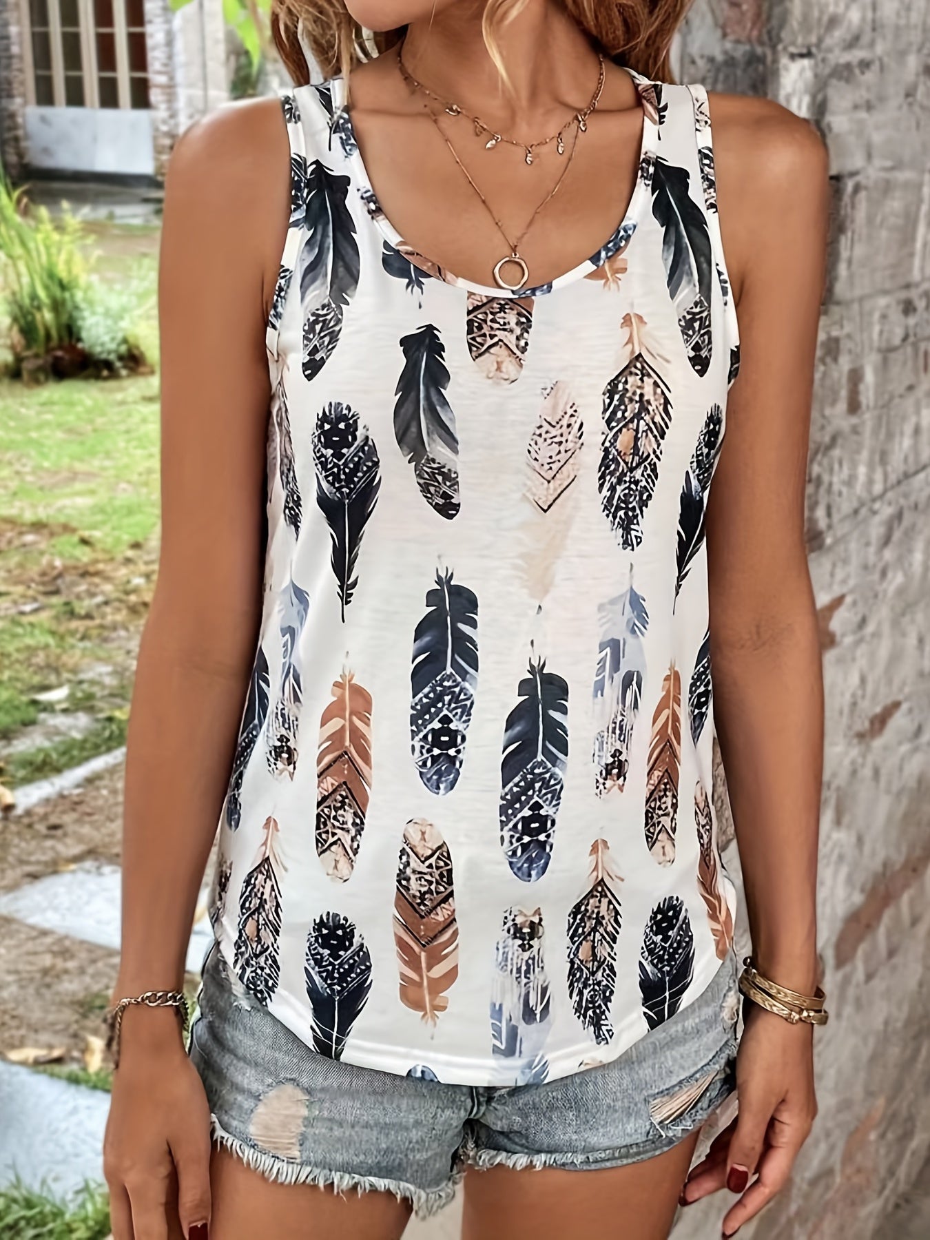 Feather Print Tank Top Sleeveless Summer Top