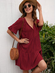 Striped Print Tiered Dress Tie Front Short Sleeve Dress