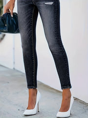 Ripped Whisker Skinny Jeans Water Ripple Embossed Denim Pants