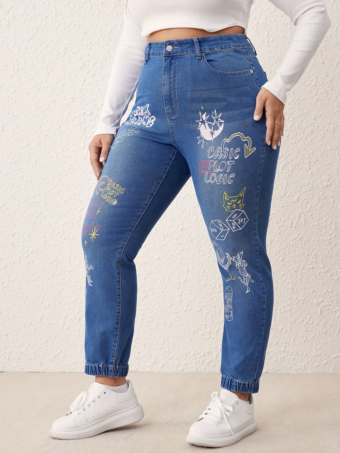 Casual Jeans Women's Plus Graphic Print High Stretch Jeans