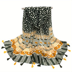 Vintage Geometric Print Scarf Boho Tassel Shawl Windproof Head Wrap