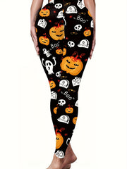 Women's Plus Pumpkin & Skull Print High Rise Leggings