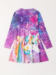Girls Unicorn Print Long Sleeve Dress For Party Kids Clothes