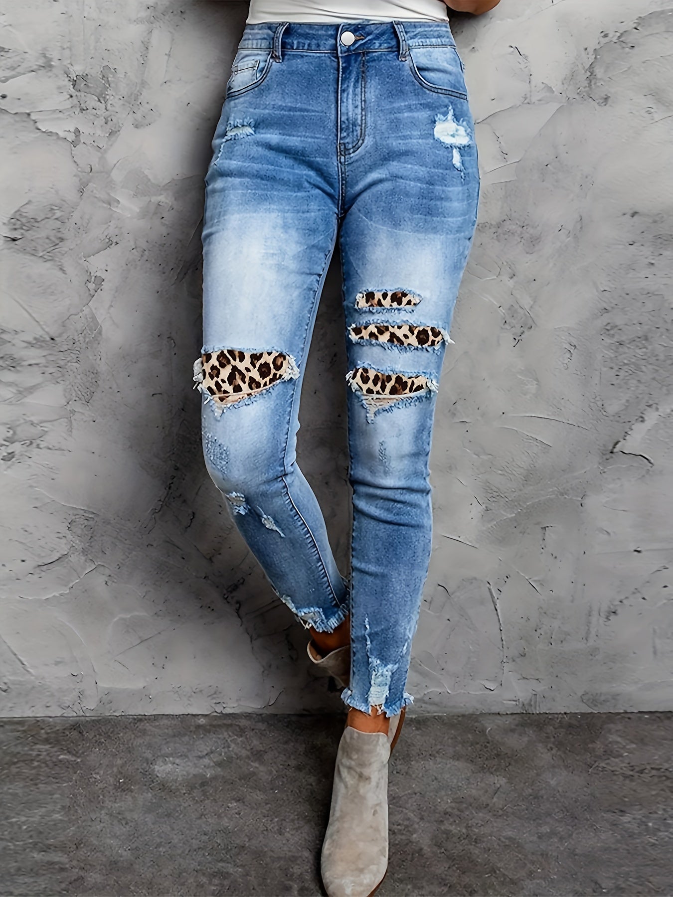 Leopard Patched Ripped Button Fly High Stretch Denim Pants