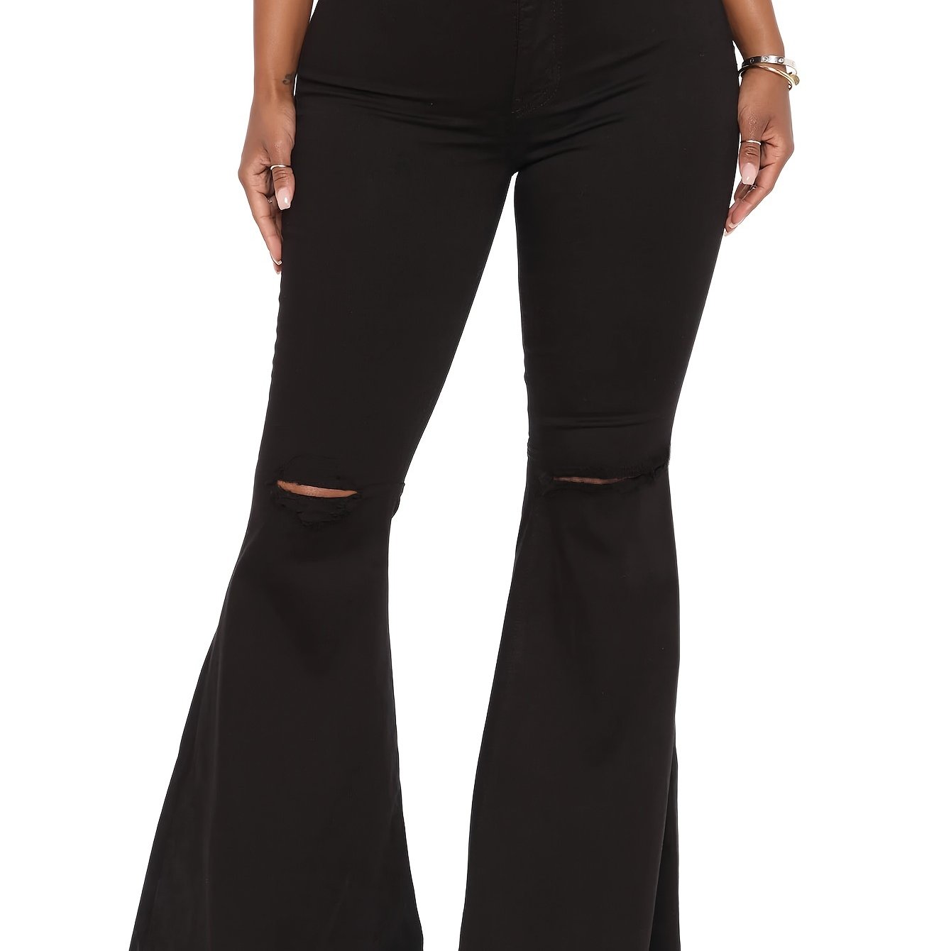 Women's Plus Solid Ripped High Rise Flared Leg Jeans