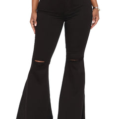 Women's Plus Solid Ripped High Rise Flared Leg Jeans