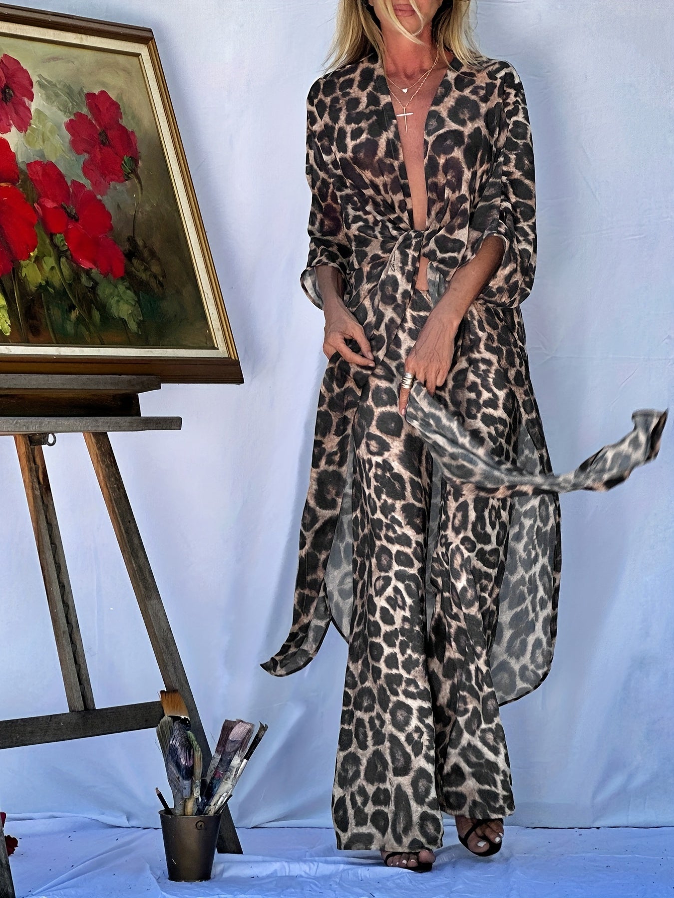 Leopard Print Cover Up Shirt V Neck Beachwear Women's Swimwear