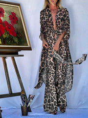 Leopard Print Cover Up Shirt V Neck Beachwear Women's Swimwear