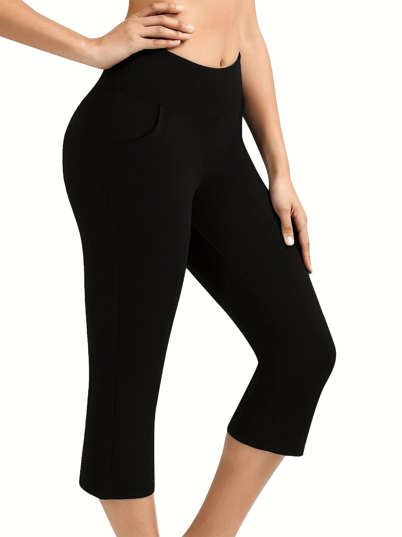 Plain Yoga Pants Mid Stretch Capris with Pockets