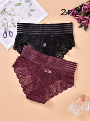 2pcs Lace Stitching Briefs Comfy Scallop Trim Panties