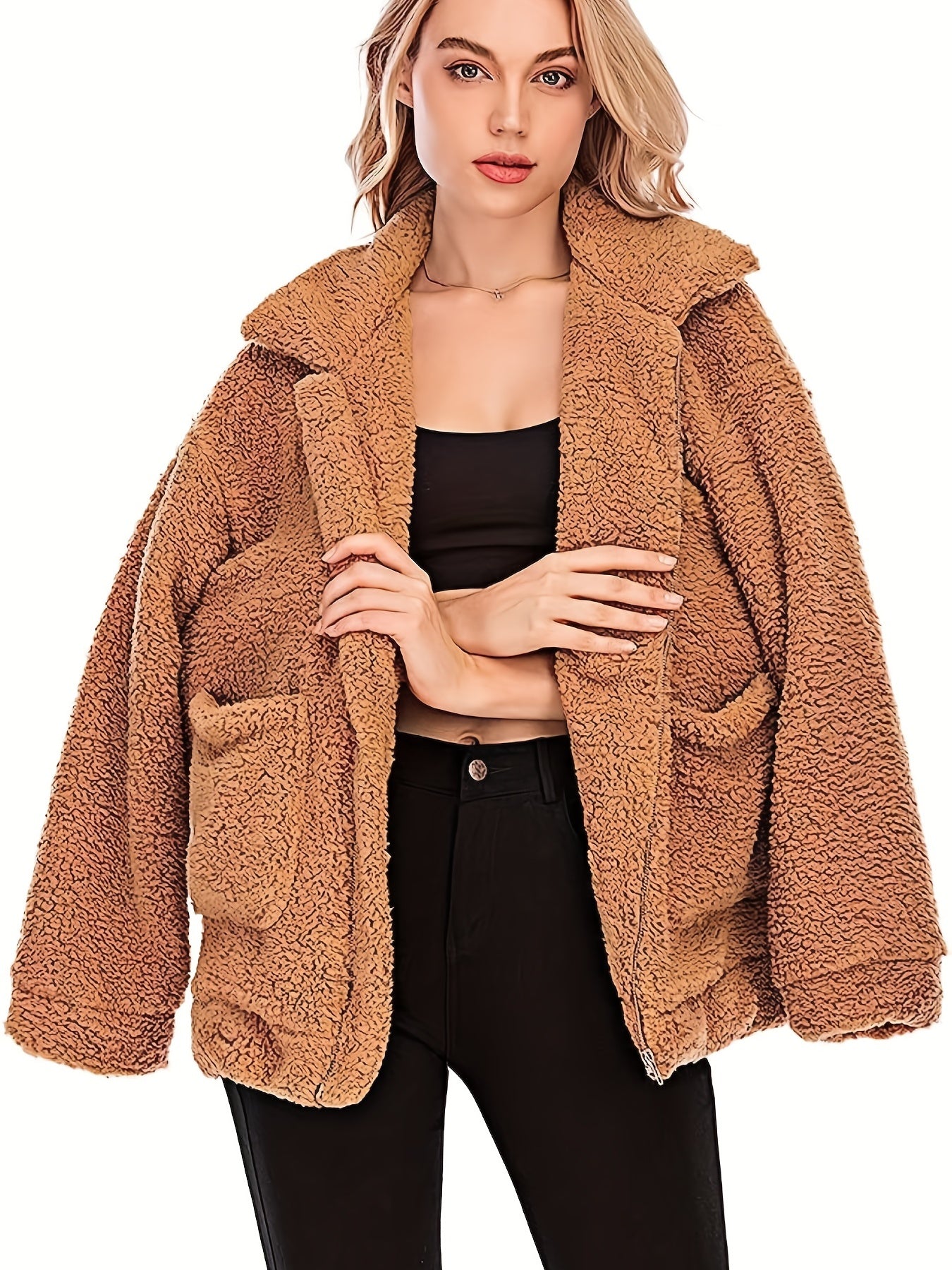 Solid Zip Up Teddy Coat Casual Long Sleeve Pocket Front Warm Outerwear