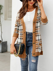 Plaid Print Long Sleeve Button Up Cardigan with Pockets