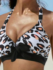 Leopard Print Bikini Set Halter V Neck High Stretch Boxer Short Bottom Swimsuit