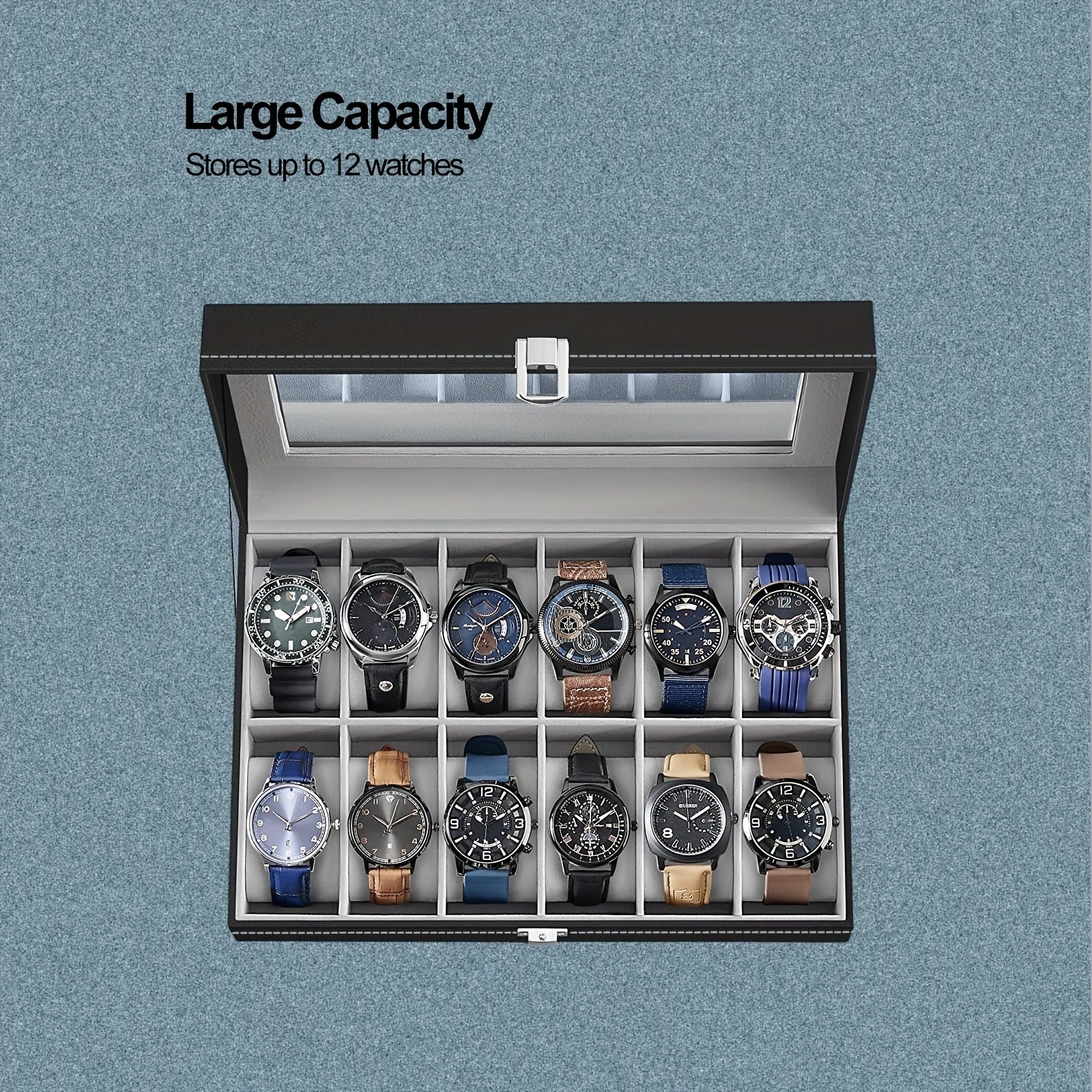 12 Slot Gray Watch Storage Box PU Leather Wrapped