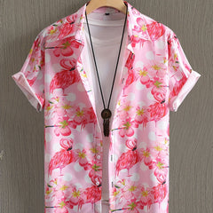 Flamingo Pattern Casual Short Sleeve Hawaiian Shirt for Summer Vacation