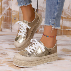 Metallic Platform Sneakers Lace Up Espadrille Shoes