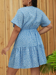 Heart Print Ruffle Sleeve V Neck Dress
