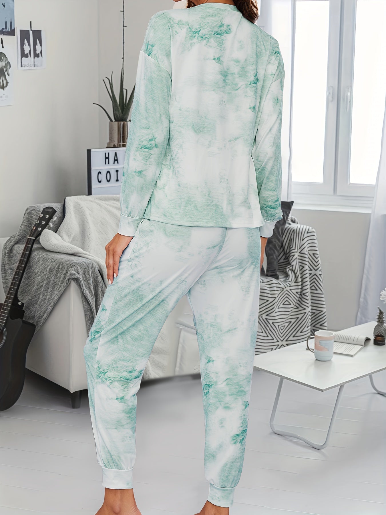 Tie Dye Print Lounge Set Long Sleeve Crew Neck Top & Pants