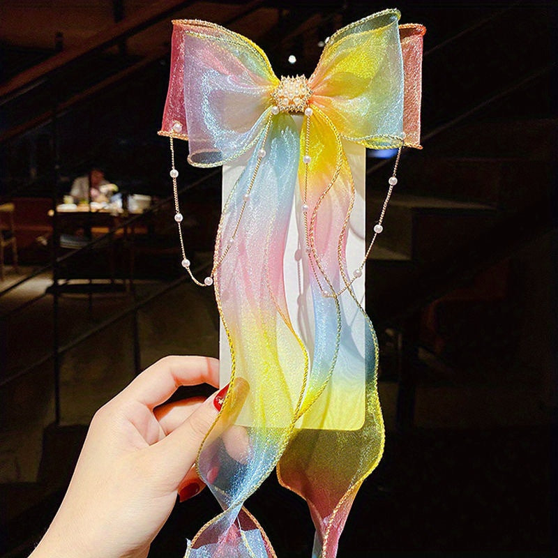 Mesh Gradient Bow Tassel Hair Clips for Holiday Party Girls