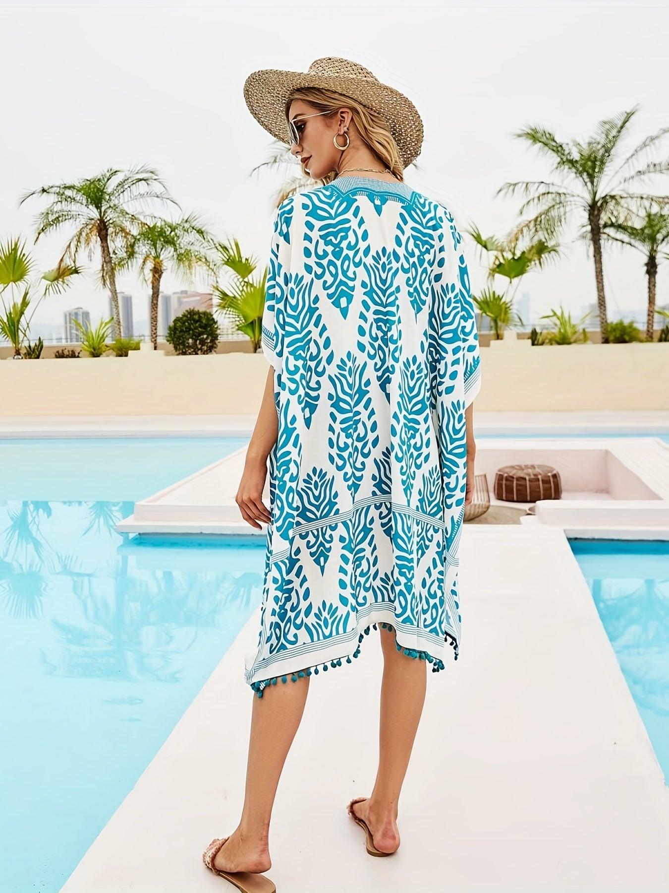 Boho Cover Up Geo Print Batwing Sleeve Tassel Trim Beach Cover Up