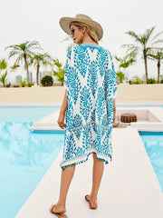 Boho Cover Up Geo Print Batwing Sleeve Tassel Trim Beach Cover Up