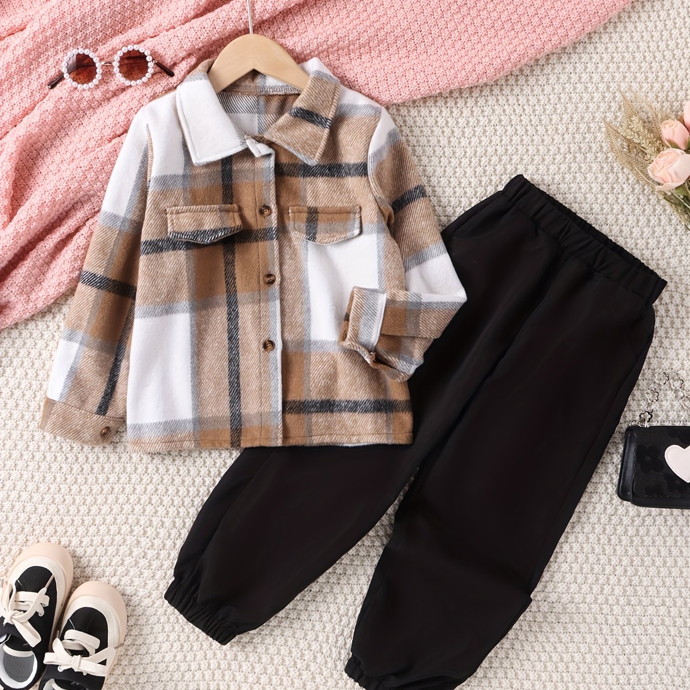 Toddler Boy's Plaid Shirt & Sweatpants Set Casual Outfits Kids Spring Fall