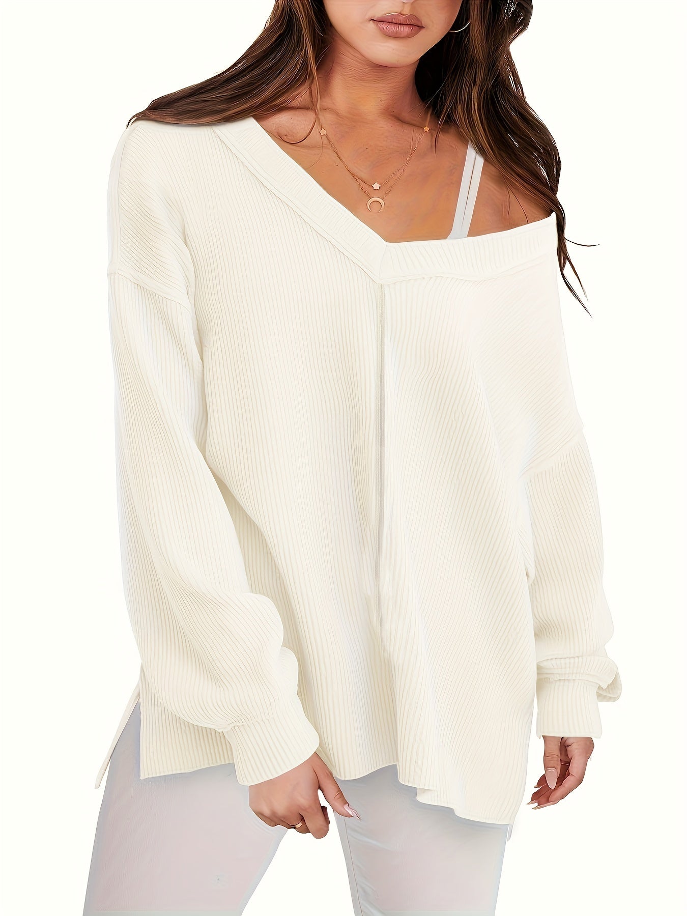 Solid Long Sleeve V Neck Knit Top