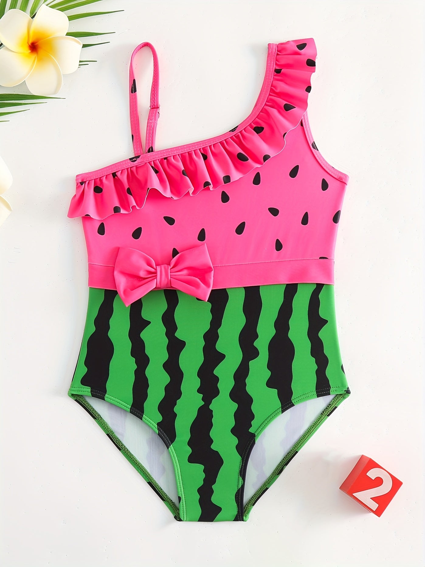 Toddler Girls Watermelon Asymmetrical Neck One Piece Swimsuit