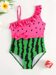 Toddler Girls Watermelon Asymmetrical Neck One Piece Swimsuit