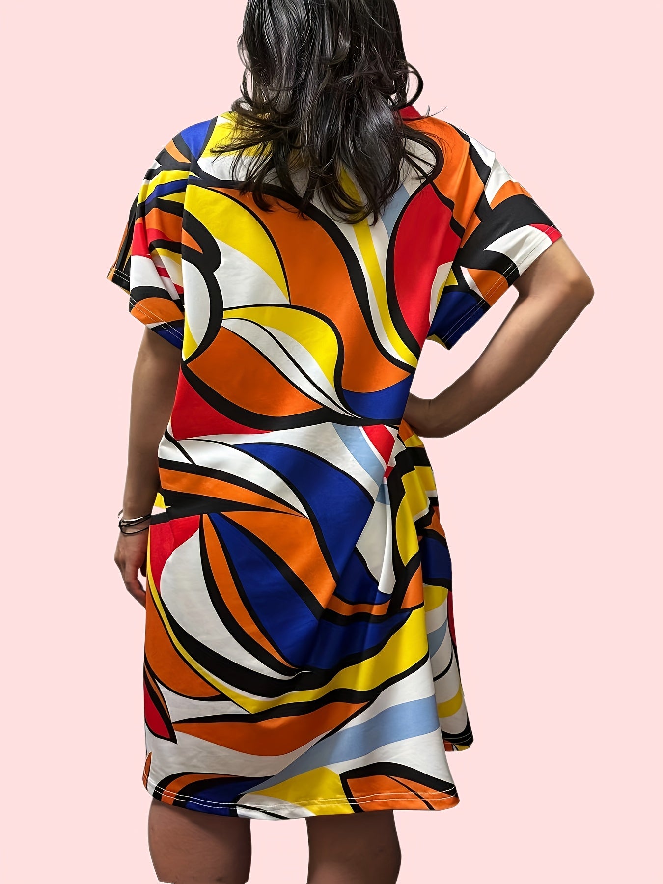 Casual Dress Women's Plus Abstract Print Short Sleeve V Neck Dress