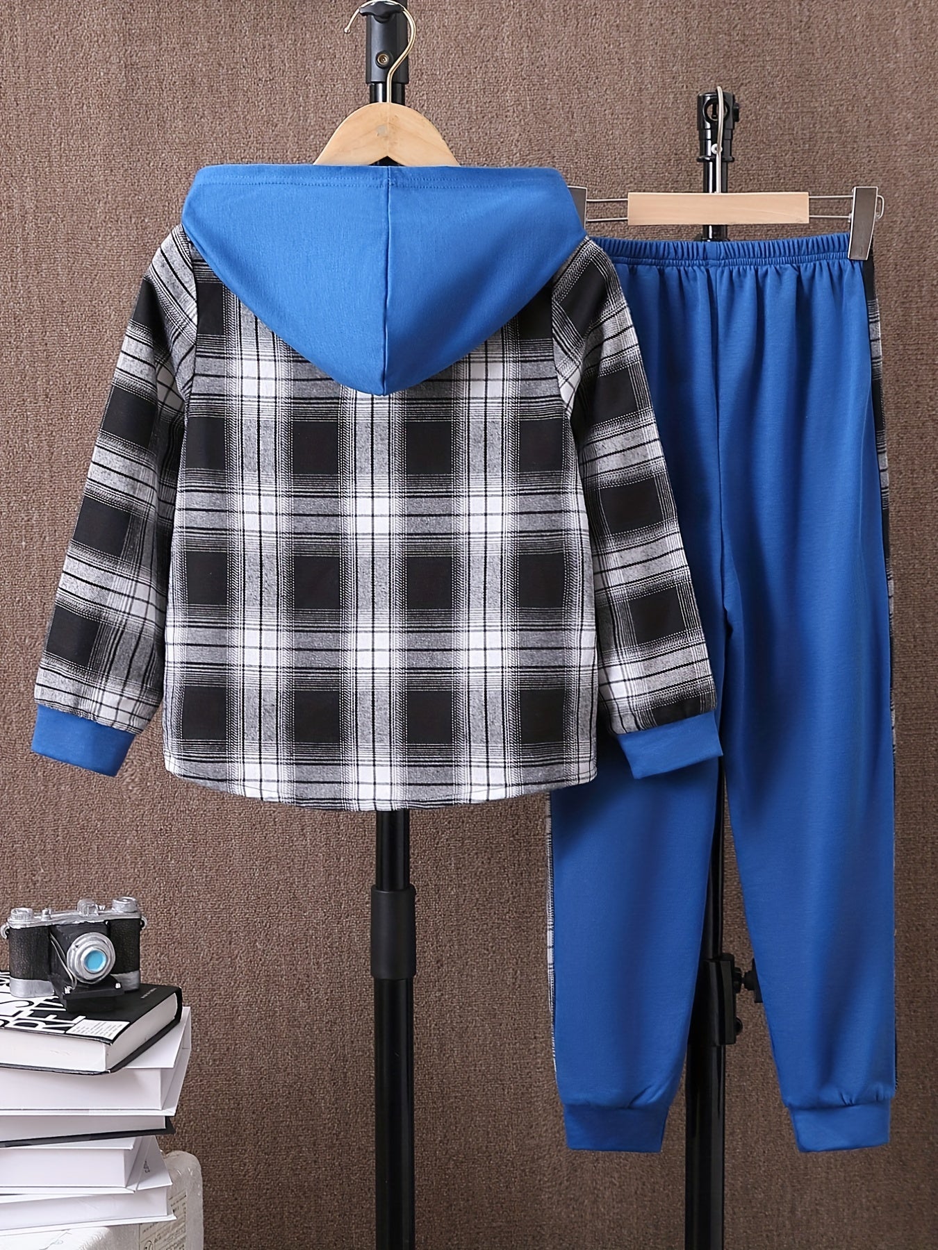 Boy's Plaid Hooded Shirt & Sweatpants Set for Spring Fall